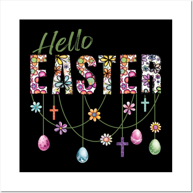 VINTAGE RETRO HELLO EASTER BOHO FLOWERS, EASTER EGGS AND CROSSES Wall Art by FlutteringWings 